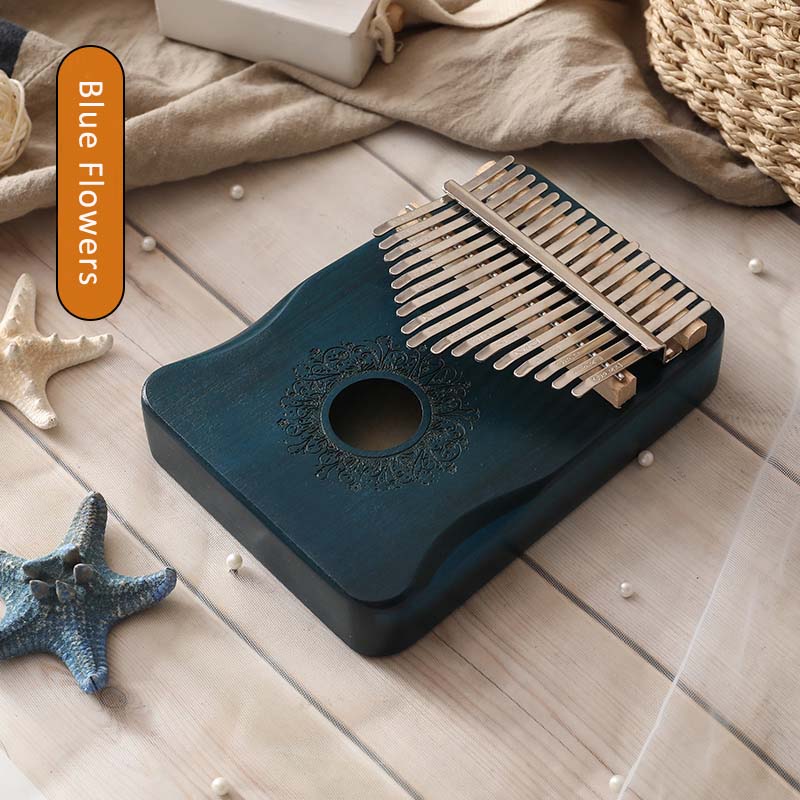 Kalimba 17 Keys Thumb Piano Handguard Wooden Mahogany Body Musical Instruments Kalimba Piano Music Box: Blue Flowers