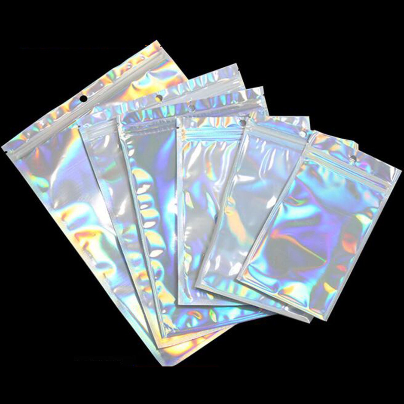 100Pcs/pack Plastic Bag Aluminum Foil Hologram Food Pouch Small Water Proof Zipper Reclosable Pouches Zipper Storage Bags