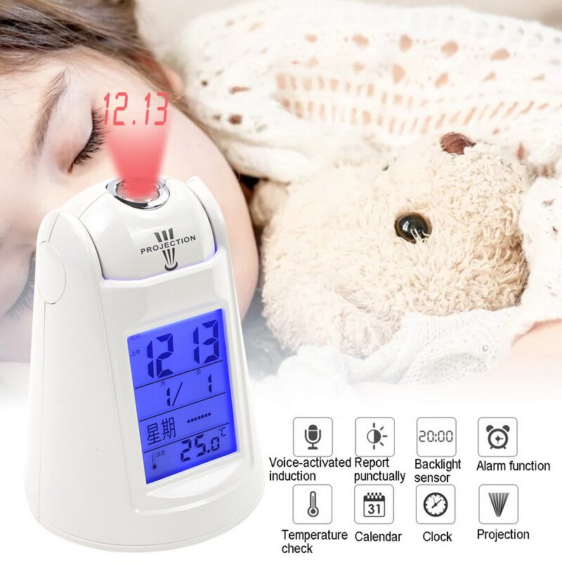 Projection Alarm Clock Digital Ceiling Display 180 Degree Projector Dimmer Radio Battery Backup Wall Time Projection
