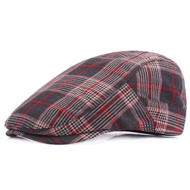Showersmile röd rutig baskerhattar för män kvinnor rutiga platta kepsar bomullsbasker manlig klassisk brittisk stil vintage justerbara hattar: Röd