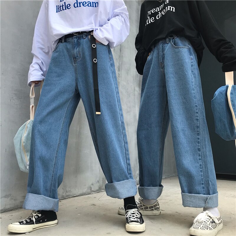 Lappster høy midje jeans bukser kvinner boyfriend jeans for kvinner harajuku denim harem bukser dame brede ben blå jeans bukser
