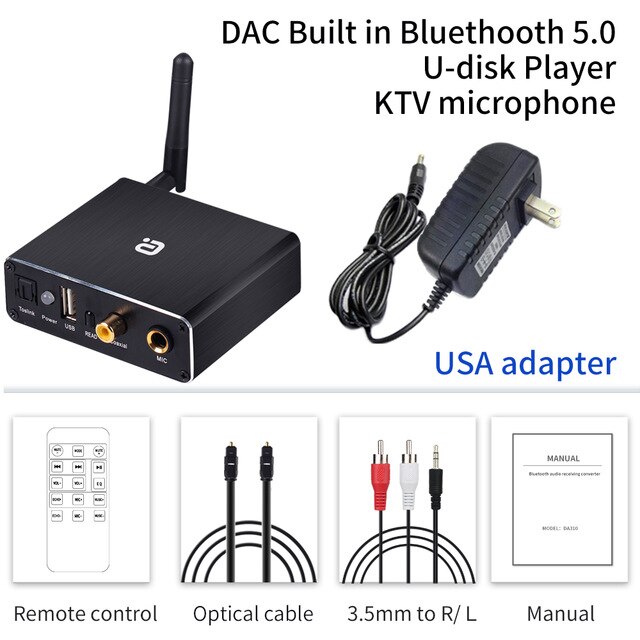 Adaptador decodificador DAC de Audio, receptor con Bluetooth 5,0, reproductor de disco en U, adaptador de micrófono KTV Coaxial óptico a Convertidor analógico: US version