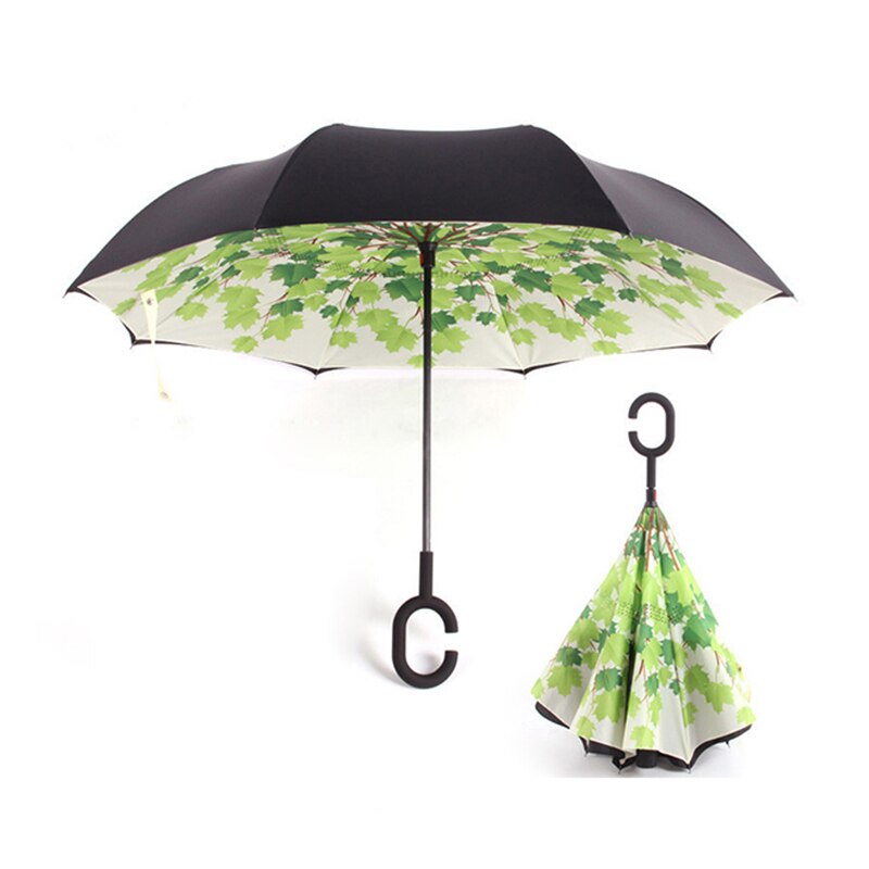 Paraguas plegable inverso resistente al viento, paraguas para hombre y mujer para lluvia y sol, paraguas con mango en C invertido, soporte autónomo para Anti UV de doble capa