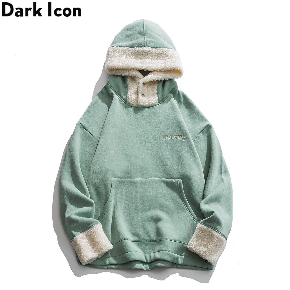 Dark Icon Sherpa Patchwork Hoodie Men Women Front Pocket Hooded Sweatshirts Man Preppy Style Students Hoodies