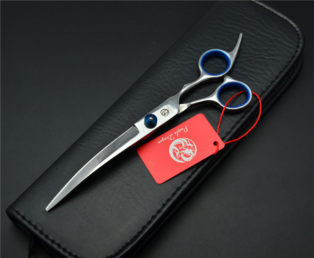 6.0 inch 17.5cm 4 Colours Brand Curve Hairdressing Scissors Best Dogs Cats Bent Down Cutting Shears Pets Hair Scissors: Blue Screw Add Case