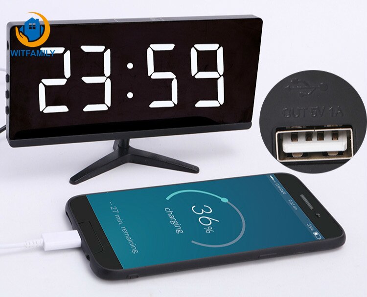LED Digital large number display Temperature Alarm Clock Electronic nixie clock usb charge Mirror watch of Home Decoration