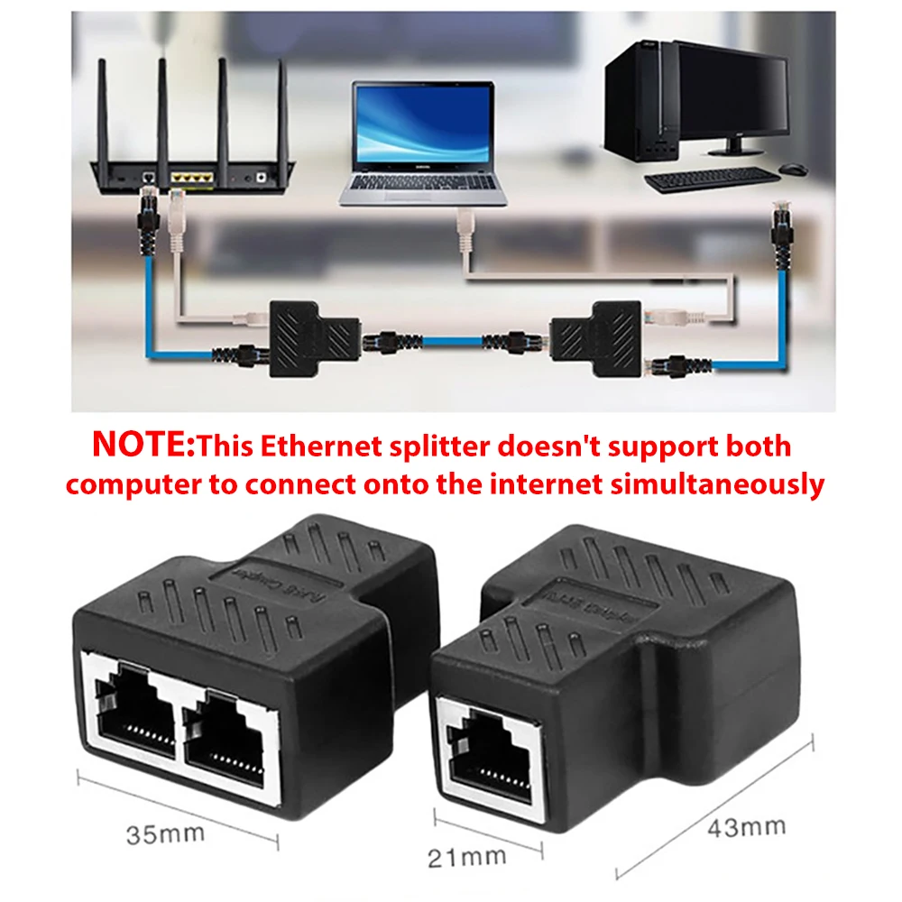 Divisor de red Cable doble 1 a 2 vías LAN RJ45 extensor de puerto Ethernet adaptador de conector de clavija acoplamiento para ordenador portátil