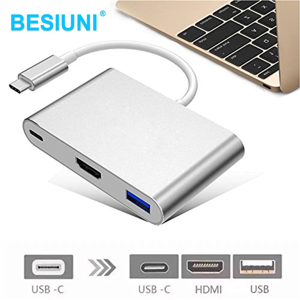 Konwerter Usb c na Hd adapter typu c na HDMI/USB 3.0/typ C adapter rodzaj-c aluminium dla MacBook zawodowiec/powietrze/Huawei kumpel: Srebrny
