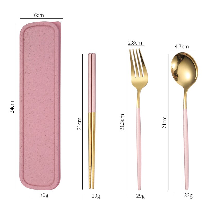 Stainless Steel Dinner Tableware Set Cutlery Knife Fork Spoon Dinnerware Set With Box Tools Travel Tableware Set: 3Pcs Pink Gold