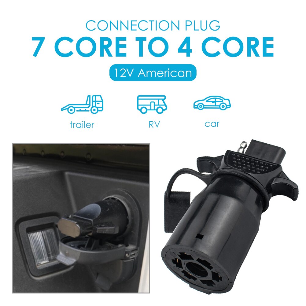 12V Trailer Adapter 7 Way RV Blade Style Round Plug Socket Connector Adapter to 4 Way Flat Plug with Dust Cover