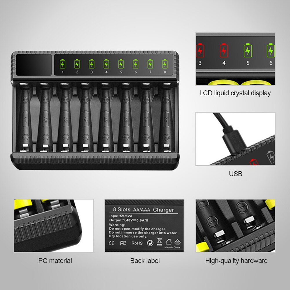 Universal 8 Slots USB Smart Battery Charger LED Display for 1.5V AA/AAA NiMH Rechargeable Intelligent Lithium Battery Charger