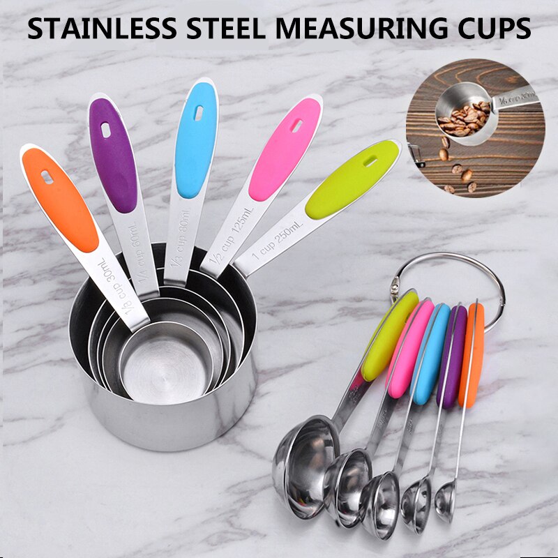 10 Uds multifunción tazas cucharas para medida cucharadita de silicona de la manija de acero inoxidable 1,25 ml-240ml utensilios medidores de cocina