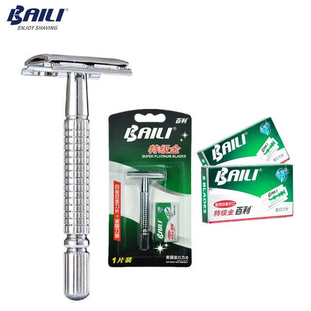BAILI Manual Safety Razor Silver Classic 3 Piece Double Edge Wet Shaving Men Shaver Women Hair Removal with Free Platinum Blades: Razor suit C
