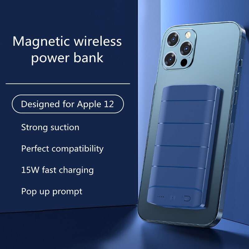 Power Bank 6000Mah Magnetische Draadloze Opladen Pd Opladen Externe Voeding Geschikt Voor Iphone Gierst Achter Klem Batterij: Blue