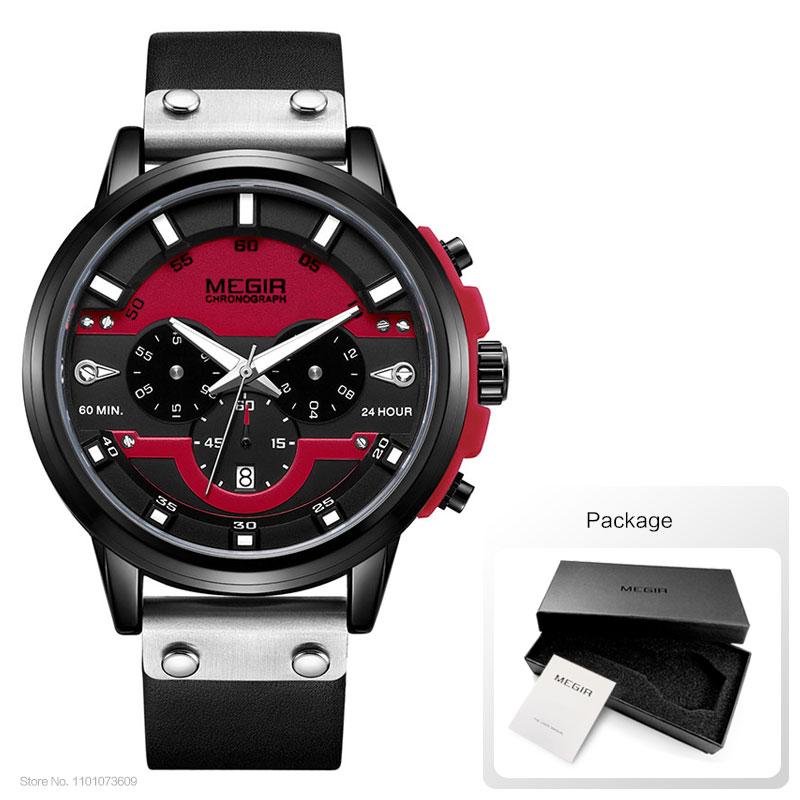 MEGIR 24 Stunden Chronograph Quarz Uhren Wasserdicht Casual Leder Armbanduhr für Mann Leuchtende Hände Sport Uhr 2080 Gelb: Rot