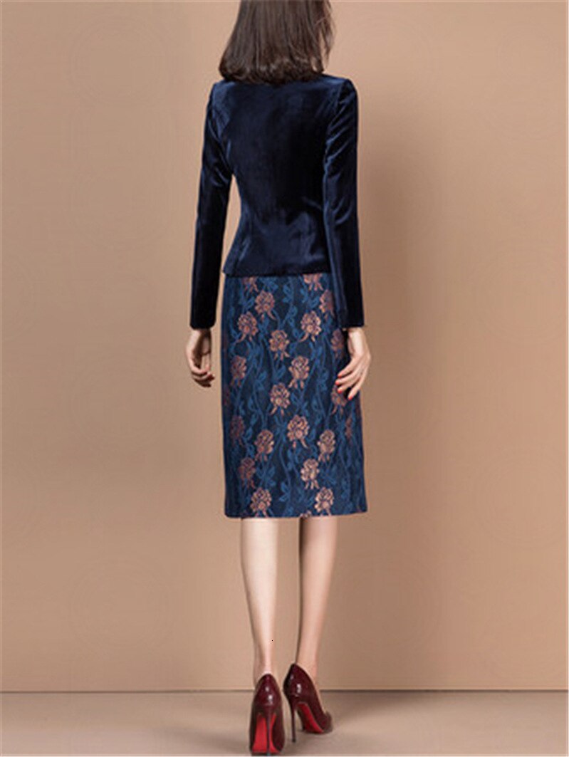 Otoño Invierno trajes mujer Oficina señora terciopelo Blazer chaqueta Floral impreso lápiz longitud de la rodilla vestido de dos piezas Set Ropa de Trabajo