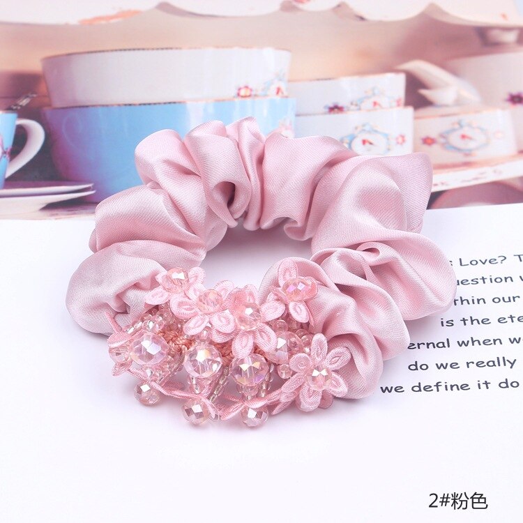 Vrouwelijke Elegante Kralen Armband Crystal Haarband Satijnen Doek Dikke Darm Ring Dikke Hoofd Rop Zuid-korea Haaraccessoires: 2  Pink