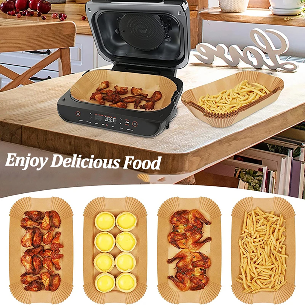 Revêtement en papier de cuisson jetable pour friteuse à air rectangulaire, plateau en papier d'huile de silicone antiadhésif de alimentaire, four à micro-ondes, cuiseur de cuisine