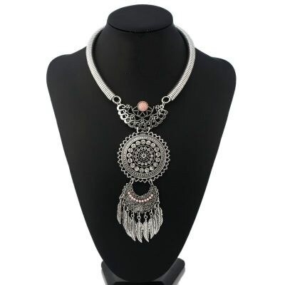 Fashioin colar feminino vintage colares de declaração pingentes bohemia folhas borlas acessórios de jóias: Silver pink