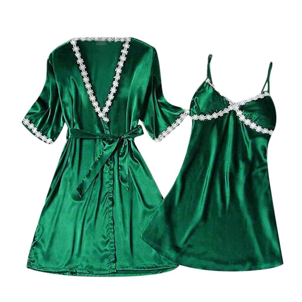 2 Pcs Vrouwen Sexy Satijnen Nachtkleding Babydoll Lingerie Nachthemd Pyjama Set Bruid Gewaden Kimono Robe Satijn Zijde Nacht Nachtkleding
