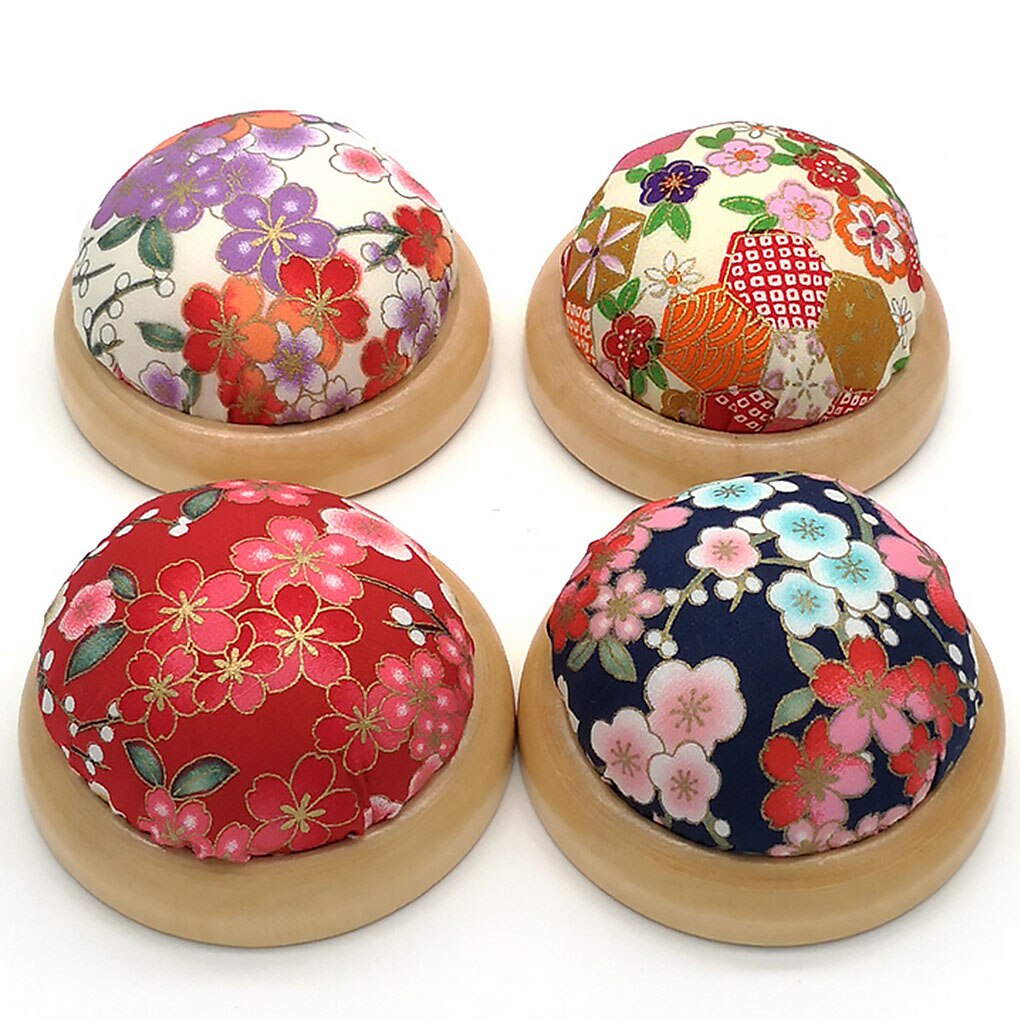 1Pc Vintage Half Ronde Pin Kussen Houten Base Naaien Kussen Polyester Gedrukt Bloem Pincushions Thuis Breien Pin Houder