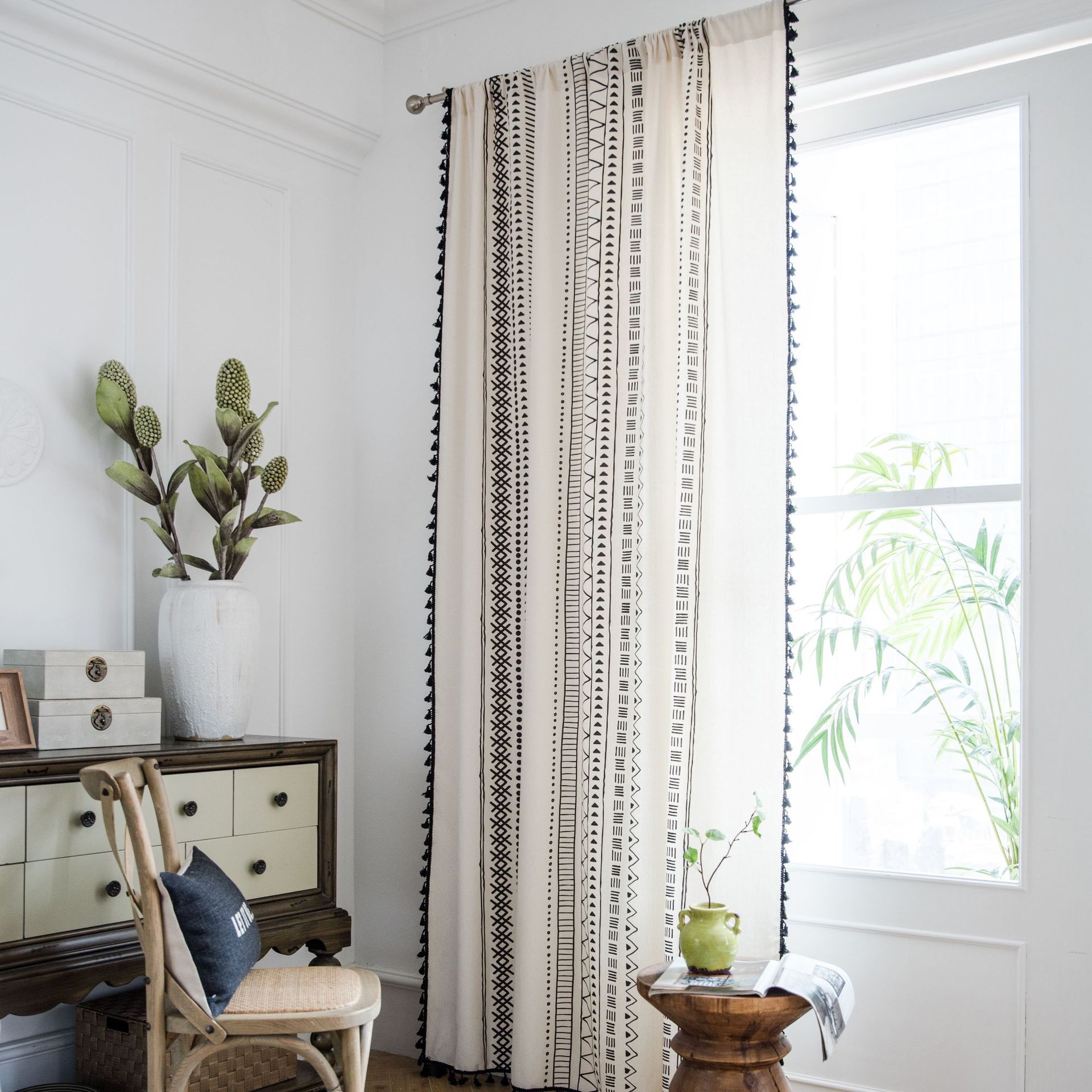 Rideaux de Style bohème avec pompon, en coton et imprimé, rideau pour fenêtre, baie vitrée, rideau de maison, cuisine, salon et chambre à coucher, 5 tailles