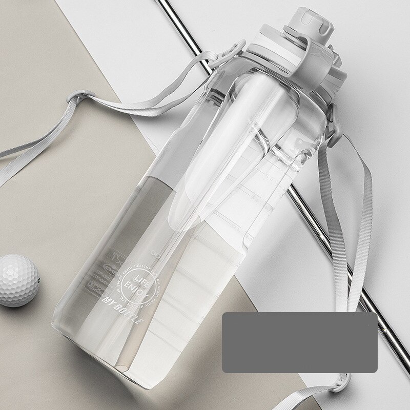 Borraccia sportiva da 2 litri di grande capacità con cannuccia acqua potabile trasparente in plastica trasparente a tenuta stagna con cinghie senza BPA: grigio