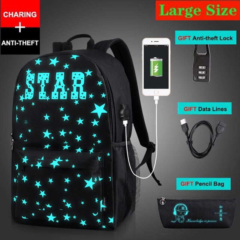 Anti-diefstal tas lichtgevende schooltassen voor jongens meisjes student school rugzak mochila met usb oplaadpoort slot schooltas: Stijl 10 grote maat
