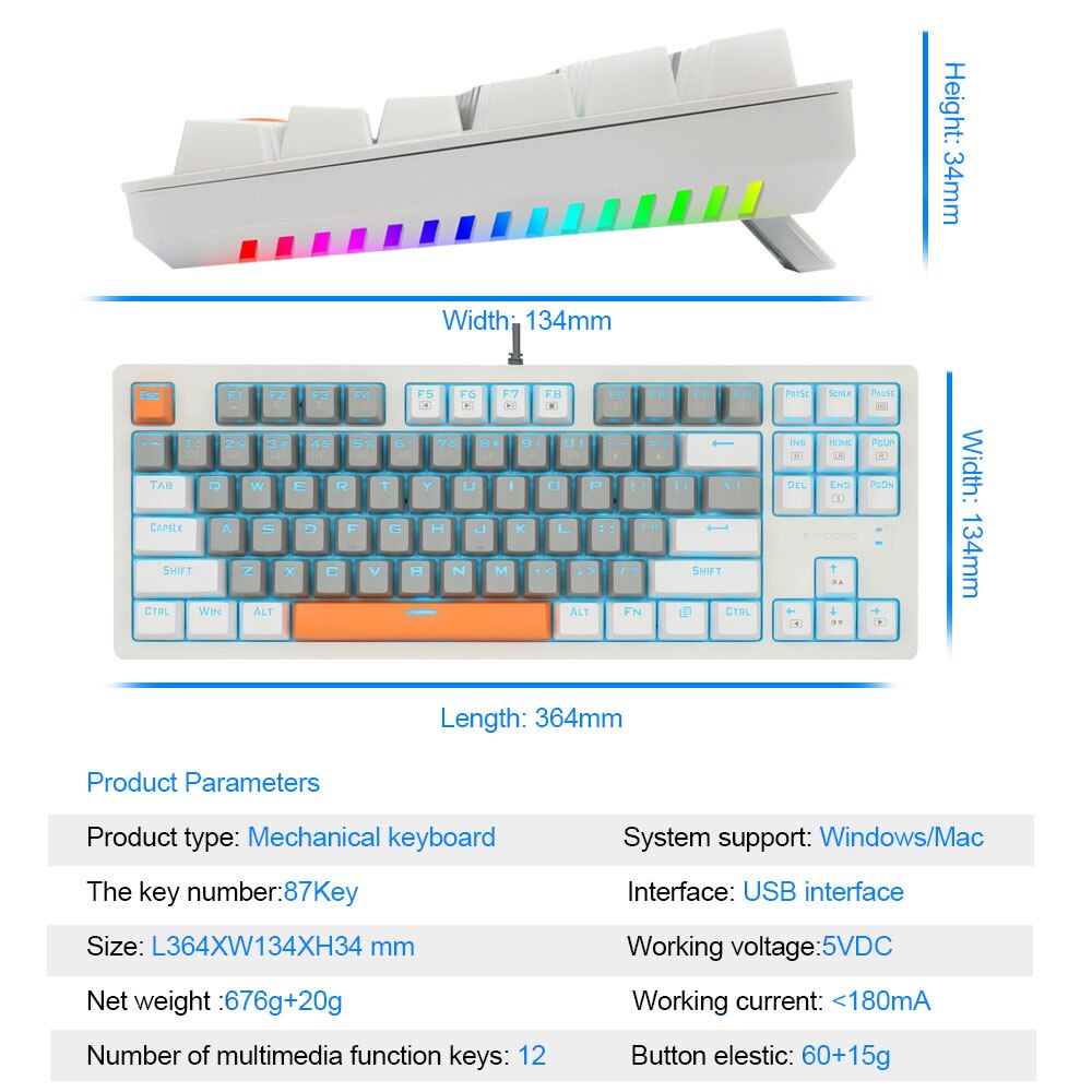 Teclado mecánico E-YOOSO K620 para juegos, conmutador azul, 87 teclas, retroiluminado, para ordenador, portátil y PC