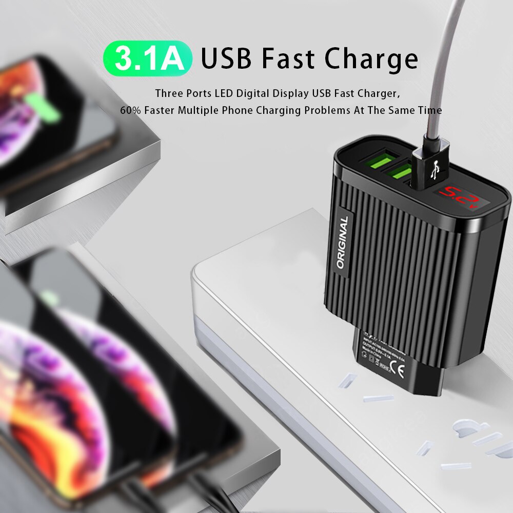 USB Fast Charger EU/Spina DEGLI STATI UNITI 3 Porte Digital Display Del Telefono del Caricatore Della Parete Per il iPhone X di Apple Samsung Huawei xiaomi Ricarica Rapida