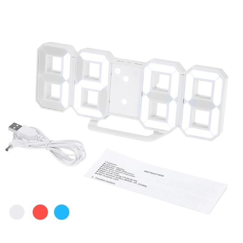 3d led klocka alarm usb laddning elektroniska digitala väggklockor heminredning  g6ka: Vitblå röd