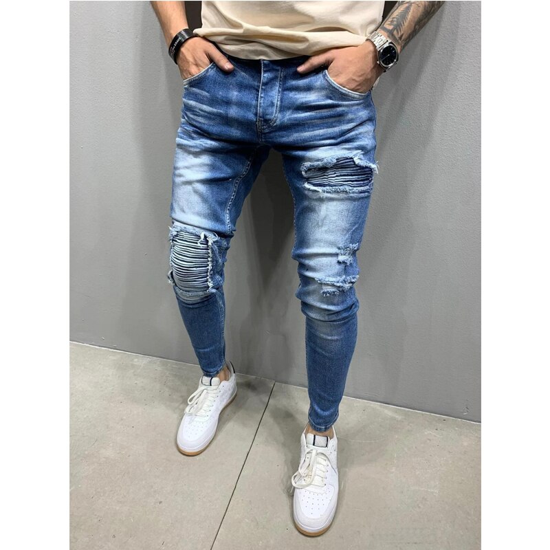 Dünne Zerrissene Jeans Männer lässig schlank passen Herren Falten Jeans Homme Motor- Radfahrer Hüfte hüpfen Denim Hosen Hosen Pantalones HEIßER