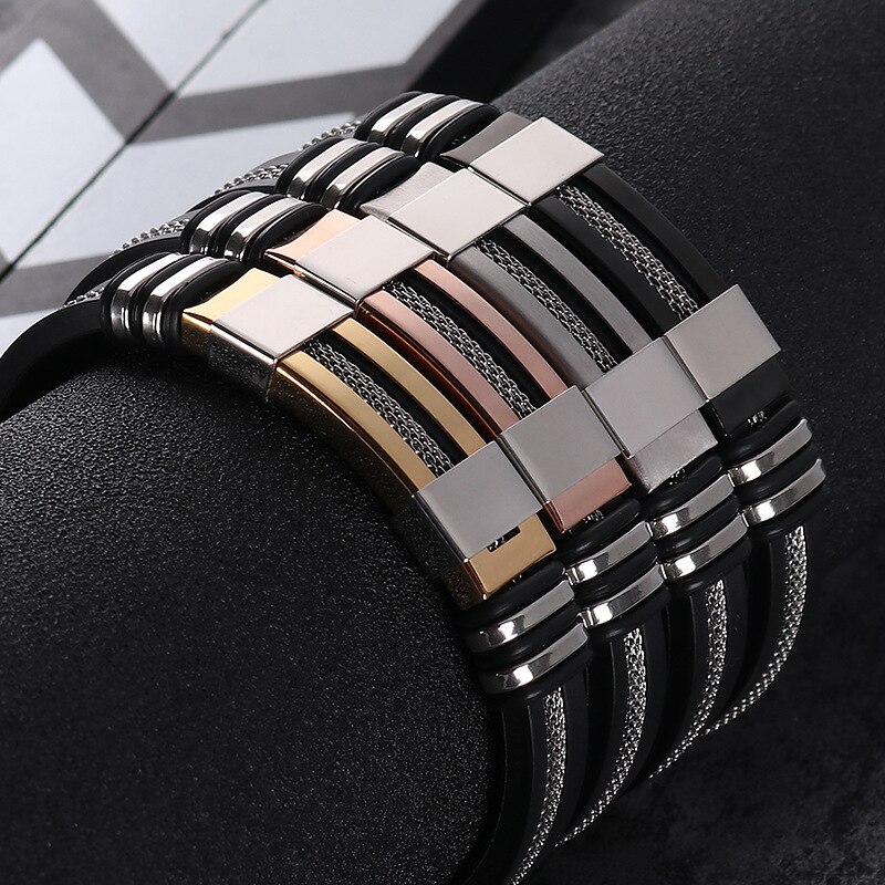 Stainless Steel Silicone Bracelet Men's Charm Metal Folding Buckle Bracelet Trend Jewelry