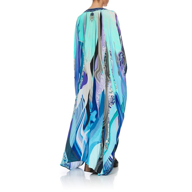 Kvinders kimono kaftan maxi kjoler med gitter print blakc blå løse bikini cover ups til strand badetøj badetøj sommer kjole