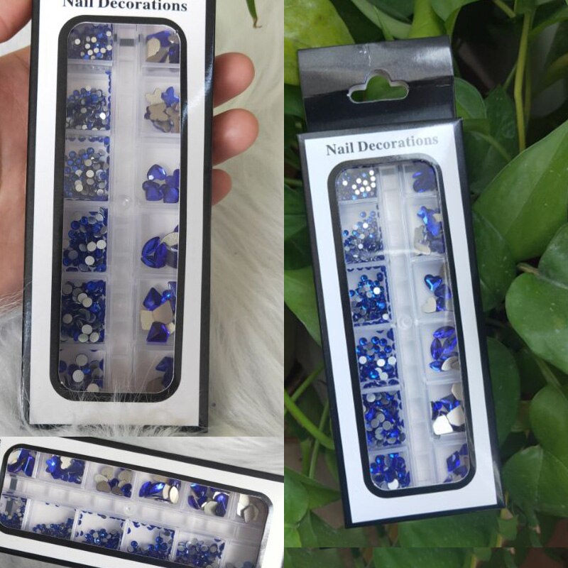 12 gördar blandade storlekar klein blå diamanter nagel strass 3d nail art dekor flatback glänsande kristall 3d glitter ädelstenar strass 1 låda