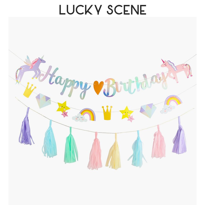 Unicorn Happy Birthday Flag Unicorn Birthday Party Tassel iridescent Supplies Decorations Cartoon Pictures and S01094