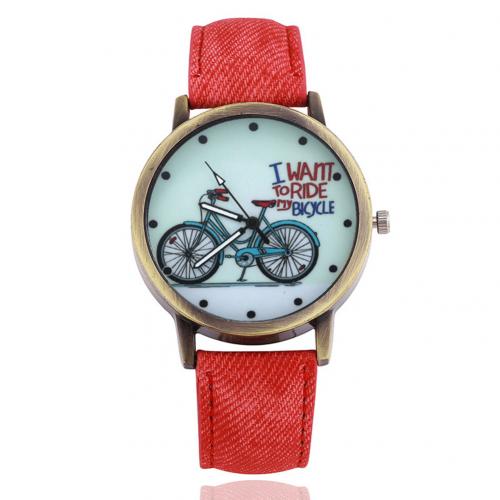 relojes de pulsera de Unisex Retro esfera redonda de cuarzo con patrón de bicicleta reloj de dibujos animados para mujer relojes de pulsera de cuero Vintage Casual: Rojo