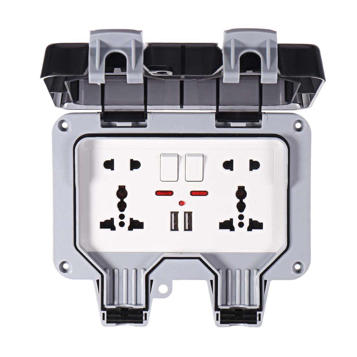 IP66 Weatherproof Waterproof Outdoor BOX Wall Socket 13A Double Universal / UK Switched Outlet With USB Charging Port: double USB light