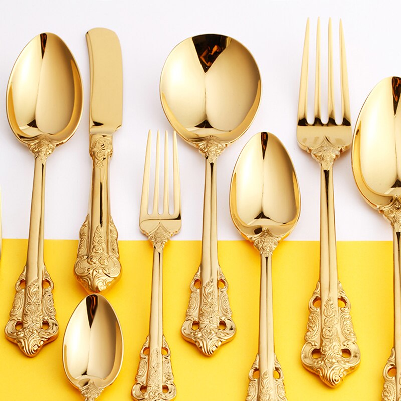 1pc Hochzeit Besteck GoldenVintage Messer Gabel Löffel Edelstahl Gold Geschirr einstellen Westlichen retro Weihnachten Geschirr