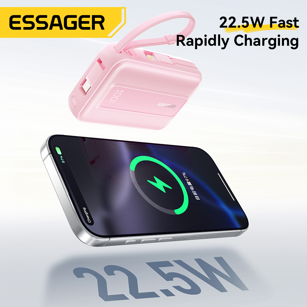 Essager 20000mAh Power Bank PD22.5W Dual Cable Fast Charging Powerbank Portable External Battery Charger For iphone Huawei ipad