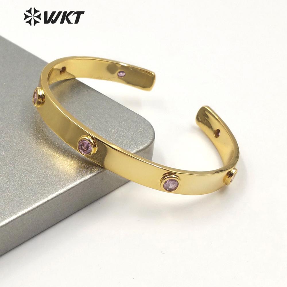 WKT Cuff Bracelet Women - Gold Color 7mm Wide - Round Cubic Zirconia - Engagement, Anniversary, Wedding, Party: A