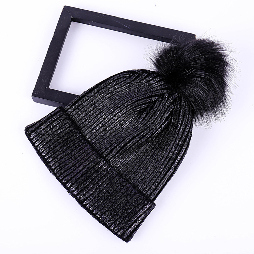 Bola de Pelo para niña, gorro bonito con Pompón, gorrito sólido a prueba de viento: Negro