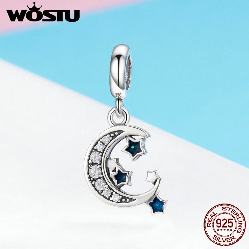 WOSTU 100% 925 argent Sterling ciel étoilé lune et étoiles Dangles breloque fit perle Bracelet pendentif collier bijoux à bricoler soi-même CQC639