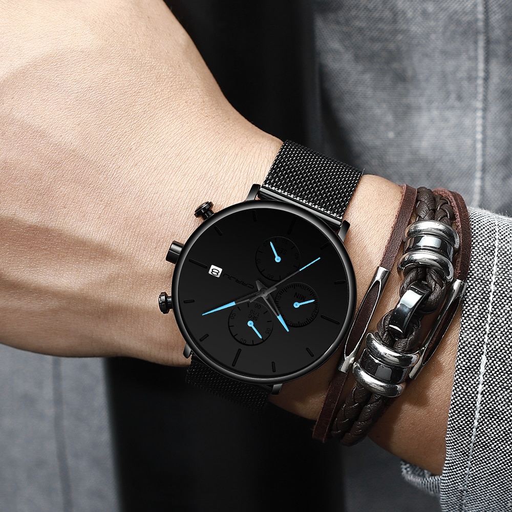 Crrju ur herre vandtæt slim mesh rem minimalistiske armbåndsure til mænd quartz sportsur ur relogio masculino