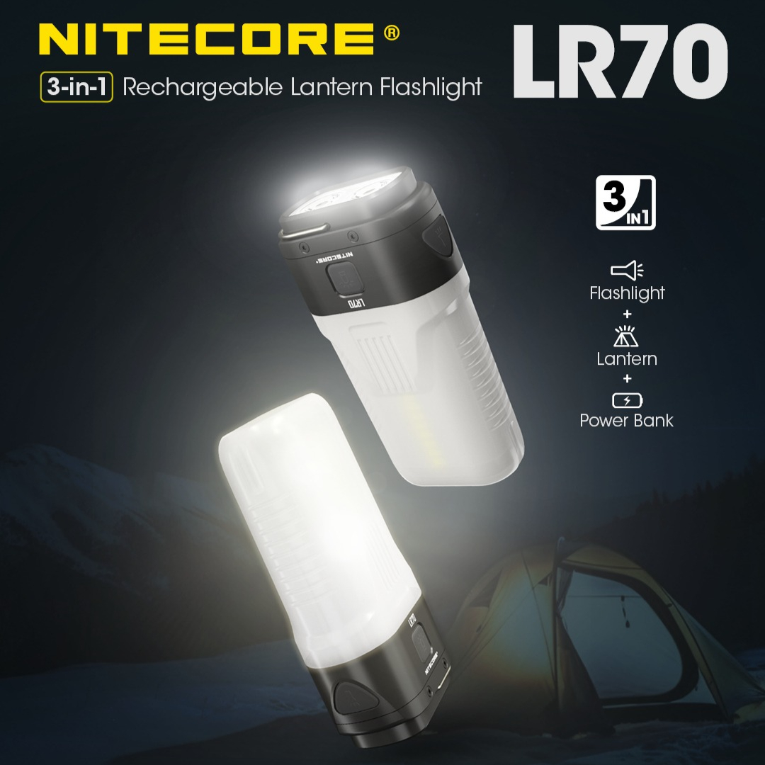 NITECORE Lanterna Ricaricabile 2-in-1 LR70, Torcia da 3000 Lumen, Lanterna da Campeggio con Batteria Integrata per Escursionismo e Campeggio