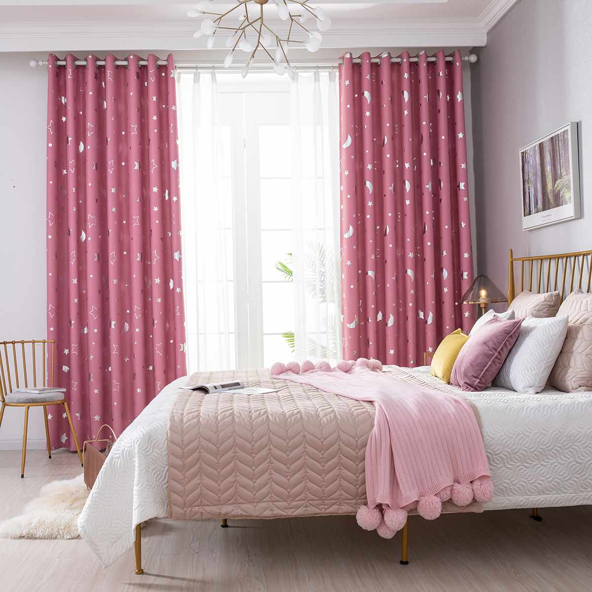 Shiny Silver Star Moon Blackout Curtains for Kids Child Bedroom Korean Style Window Voile Tulle Curtains for Living Room 1pc