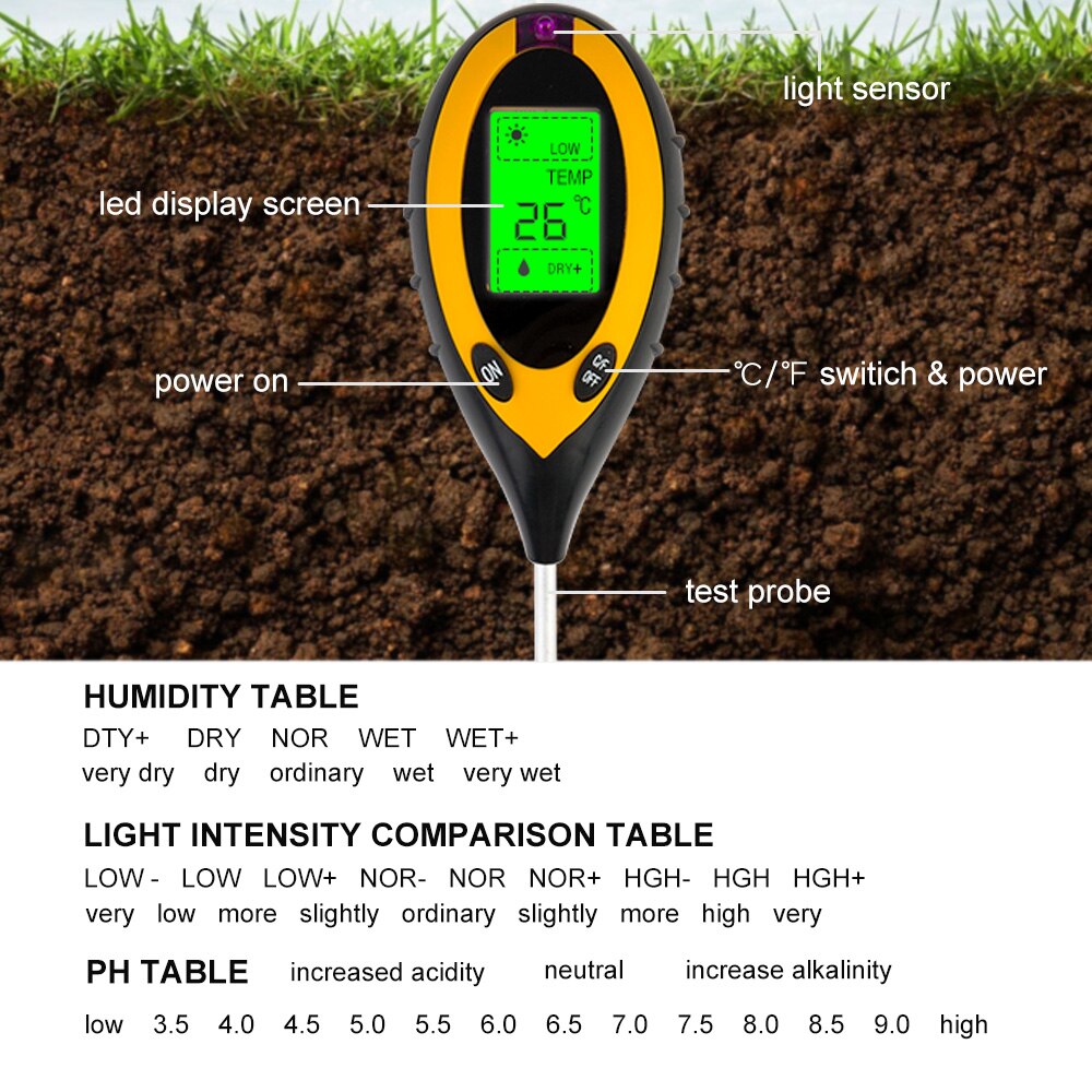 Medidor digital de ph do solo 4 em 1, monitor de temperatura, luz solar, testador para jardinagem, plantas, agricultura com luz negra