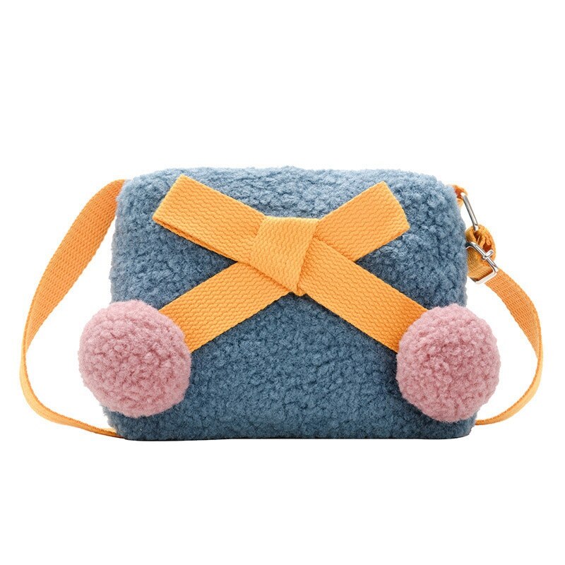 Baby Kids Bowknot Mini Fur Handbags Cute Crossbody Bags Flaps Girls Purse Plush Bag School Handbag: Blue