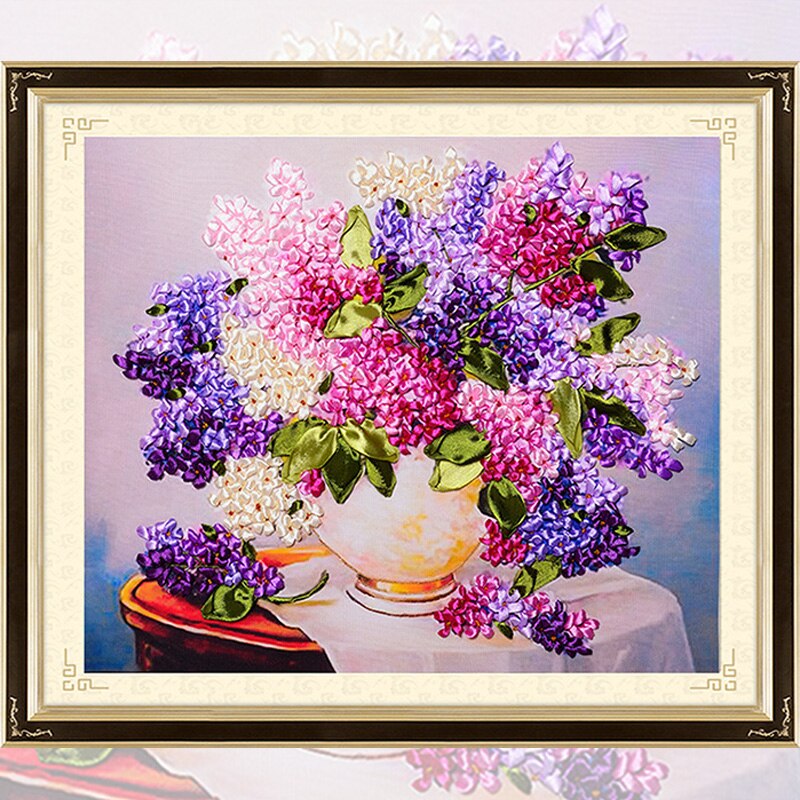 Vase à fleurs hortensia broderie bricolage | Rubans décoratifs, kit de point de croix, artisanat cousue, décor de salon,