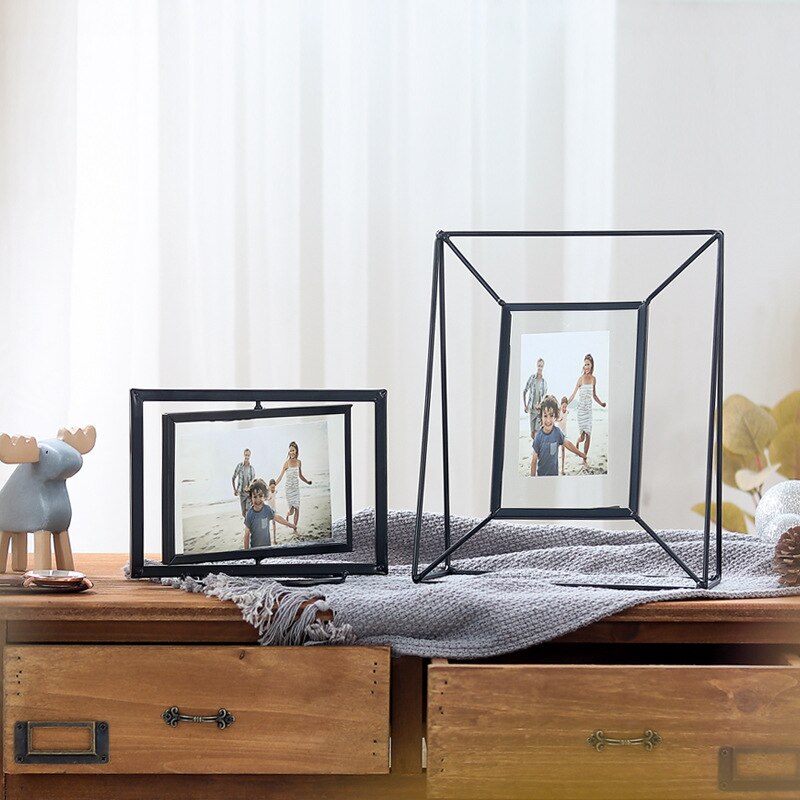 Geometrisk metalglas fotoramme, der kan foldes, roterbar stereokombination, glasramme, skrivebordsdekorationer til bryllup, boligindretning